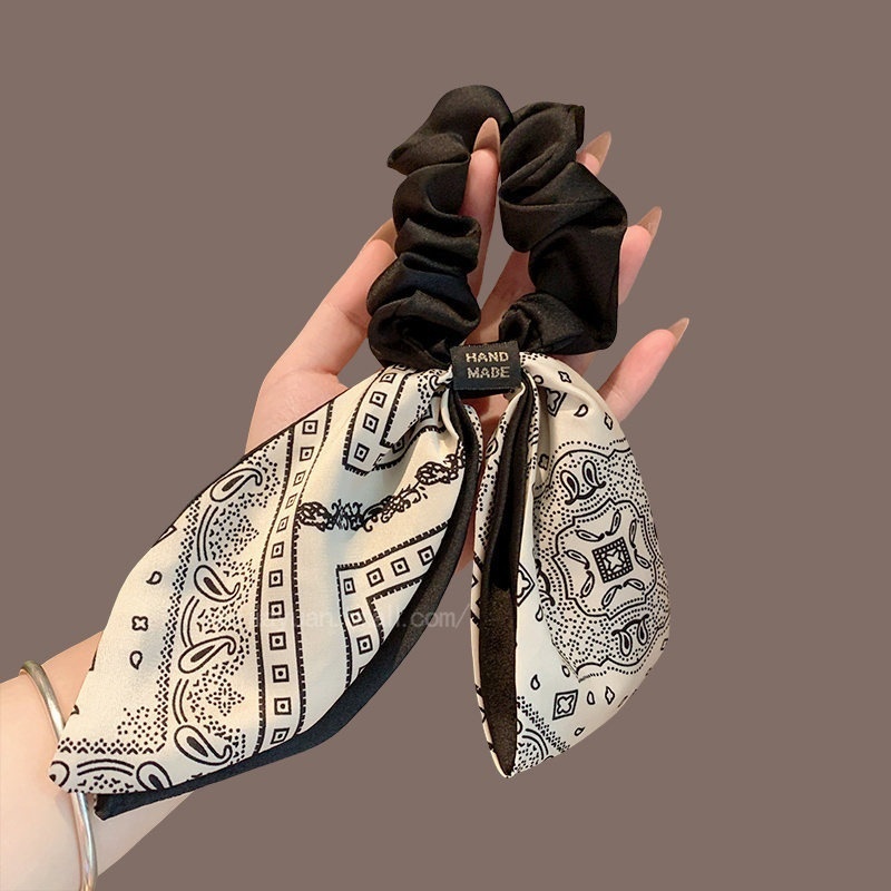 Women's French Satin Bowknot Hair Tie Spring Accessory White Black Print