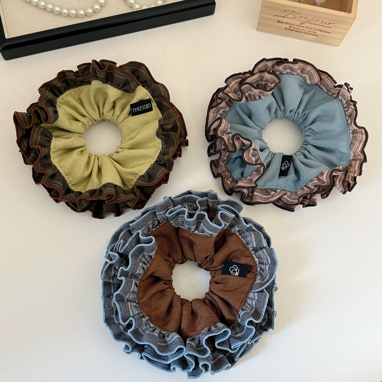 Women's Spring Summer Cloth Hair Scrunchies Blue Floral Pattern