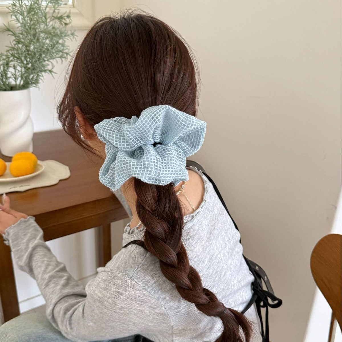 Women's Soft Cloth Retro Hair Tie For Daily Wear Sky Blue Plaid