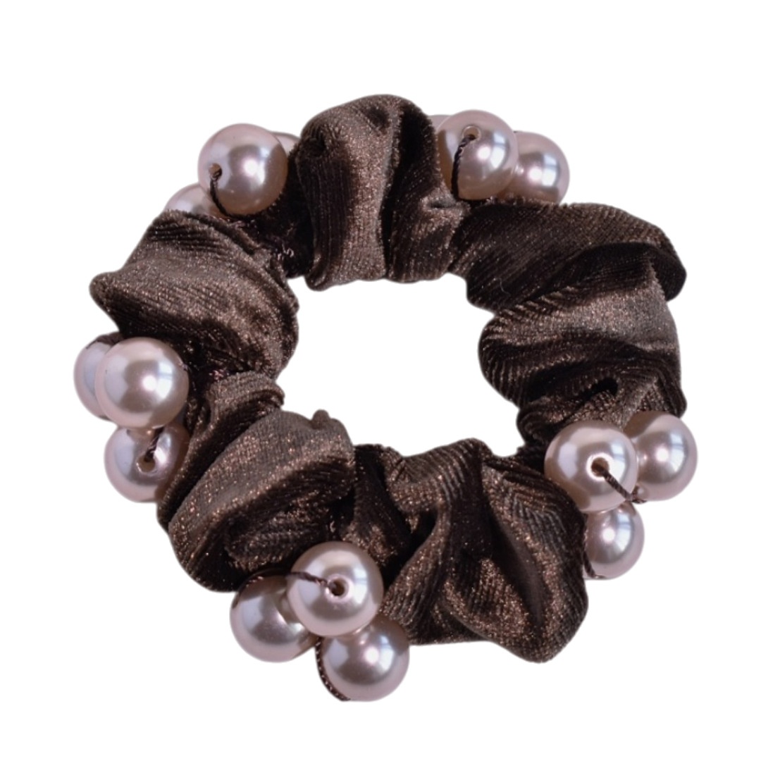 Women's Elegant Velvet Pearl Bow Hair Tie Dark Coffee Grey Black