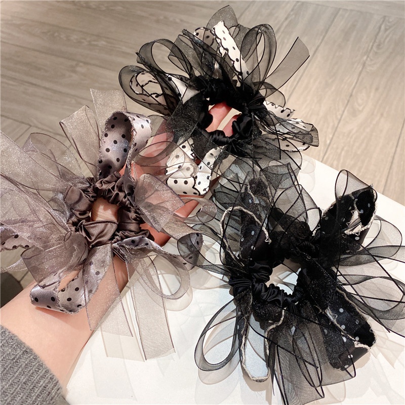 Women's Voluminous Gauze Lazy Hair Scrunchie Polka Dot Bow Knot