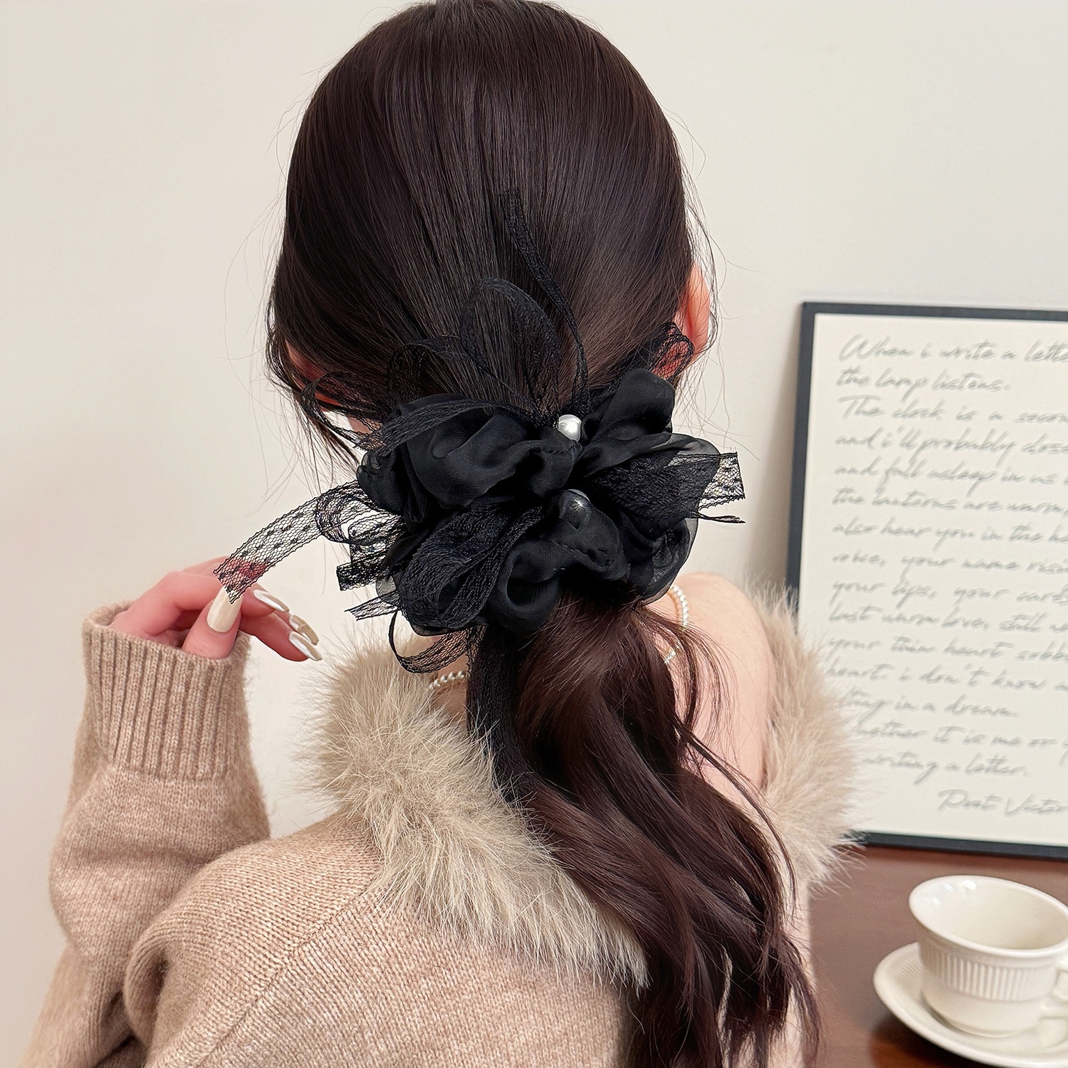 Women's French Style Summer Organza Hair Tie in Beige, Pink, Black