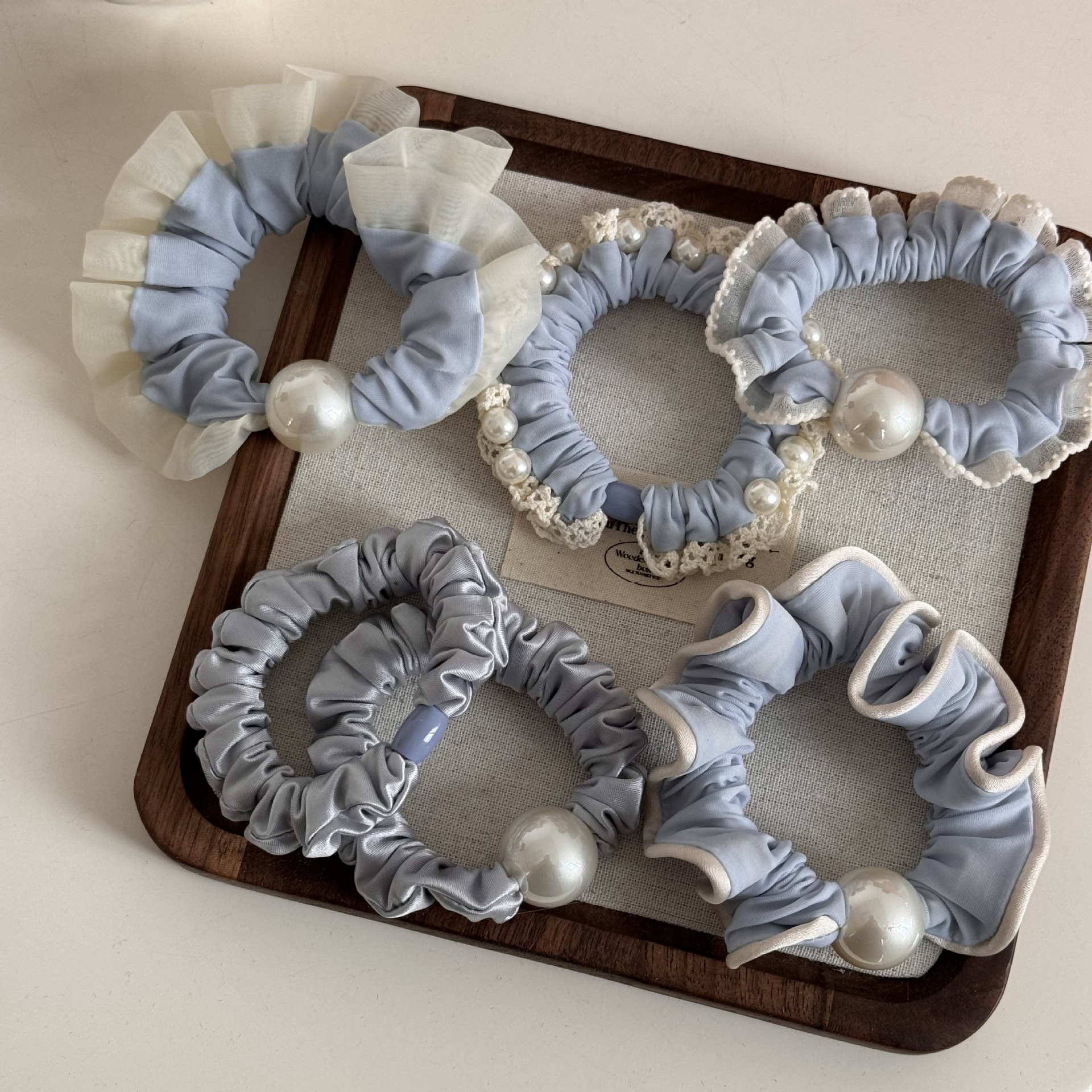 Women's Spring Satin Artificial Pearl Hair Tie Rubber Band Blue