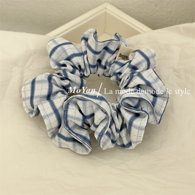 Women's All Season Cloth Hair Scrunchies Blue White Checkered Plaid