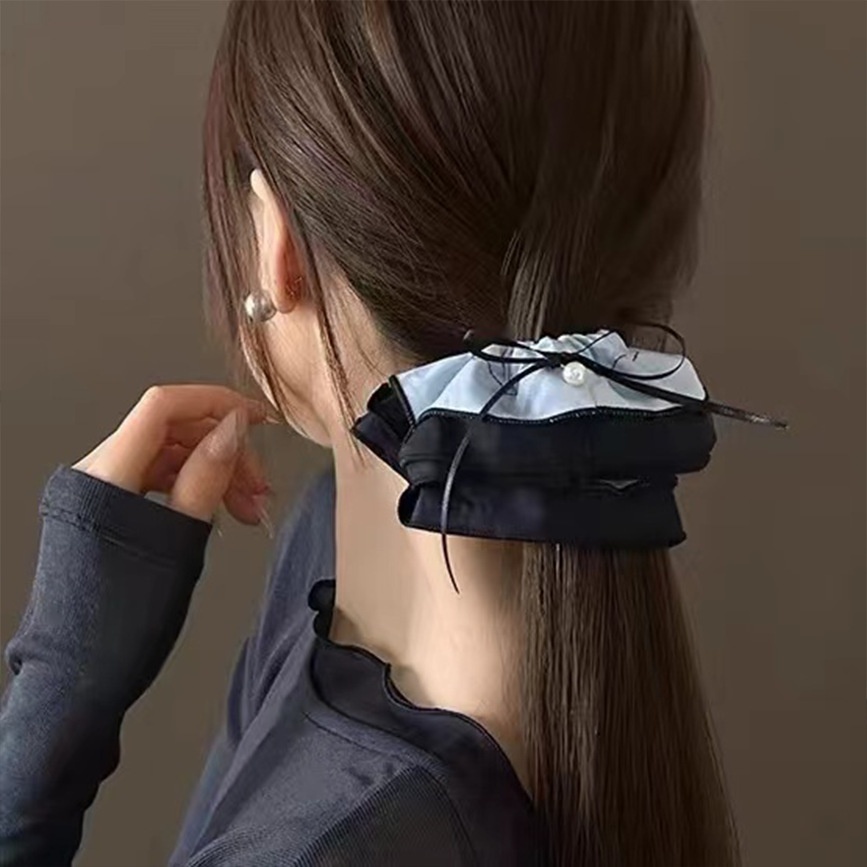 Women's Blue Pearl Knot Hairband Double Band High Elasticity Cloth Hair Tie