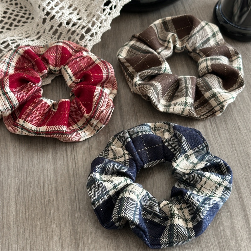 Women's High Elasticity Bun Hair Tie Festive Red Plaid Fabric Hairband