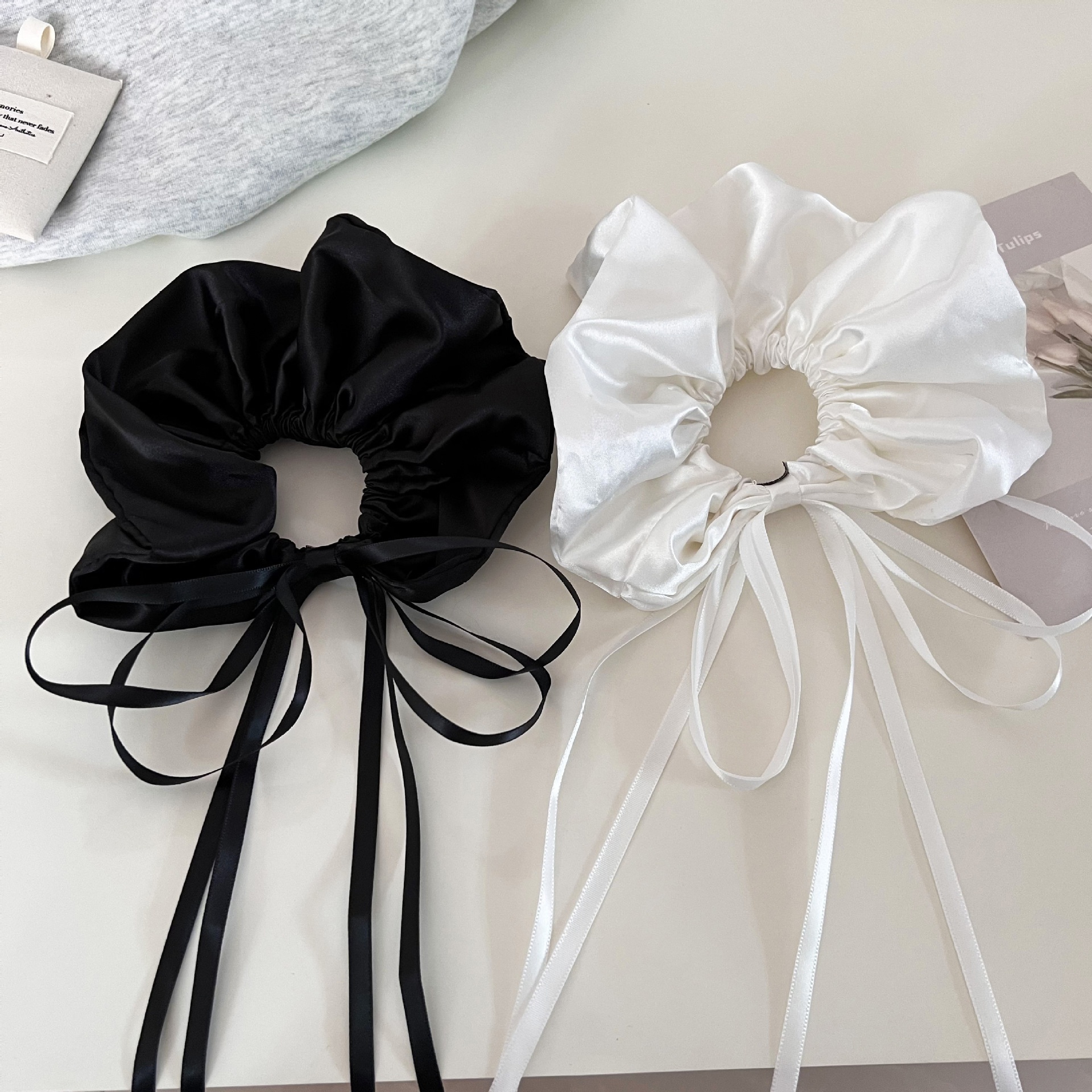 Women's French Satin Ballet Bow Headband, Elegant Fairy Black White Hair Accessory