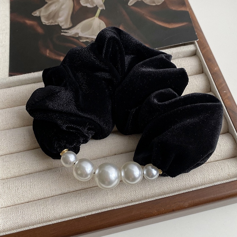Women Pearl Velvet Winter Scrunchie Elastic Hair Tie Solid Black Red
