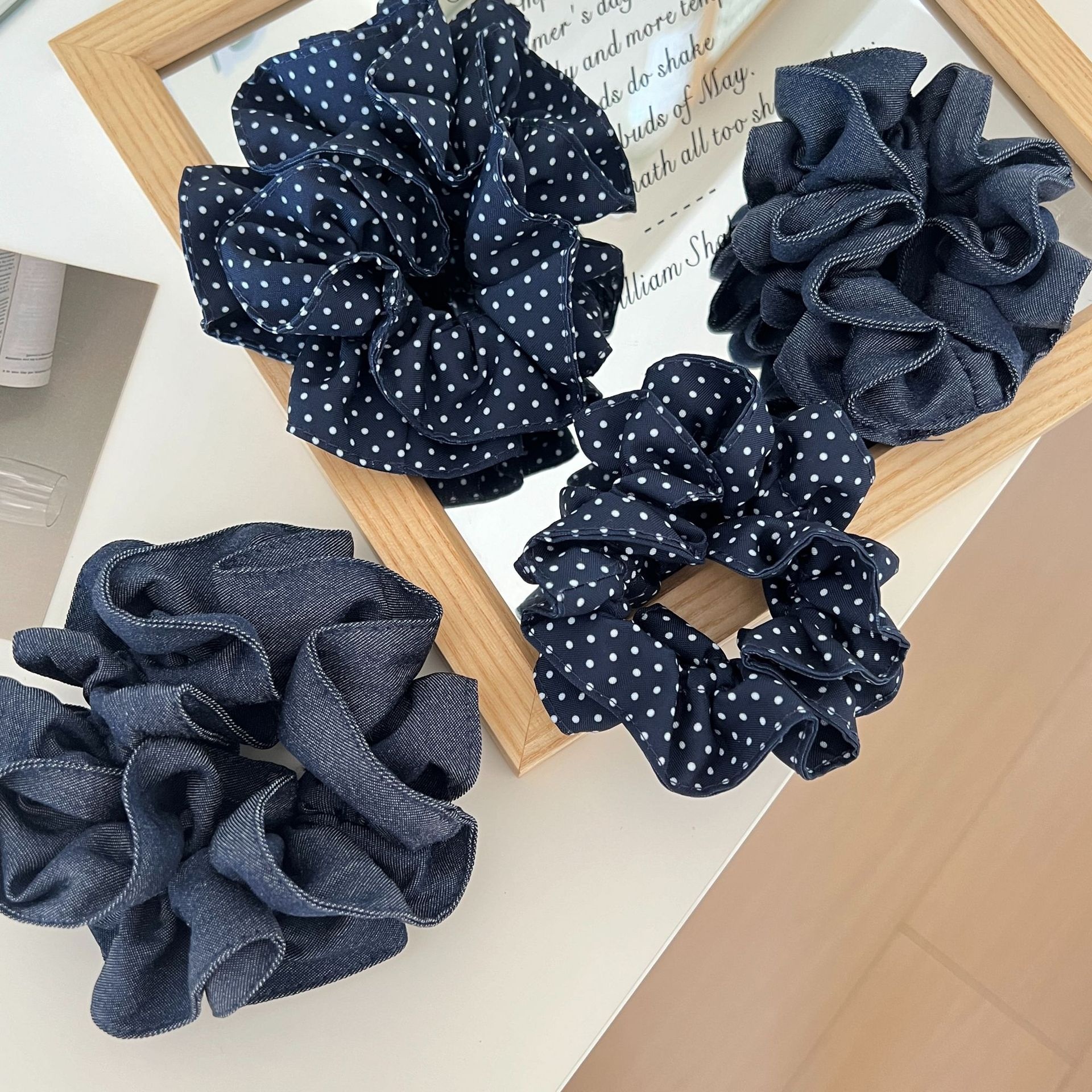 Women's Vintage Fabric Scrunchie Hair Tie for Daily Wear Navy Blue Polka Dot