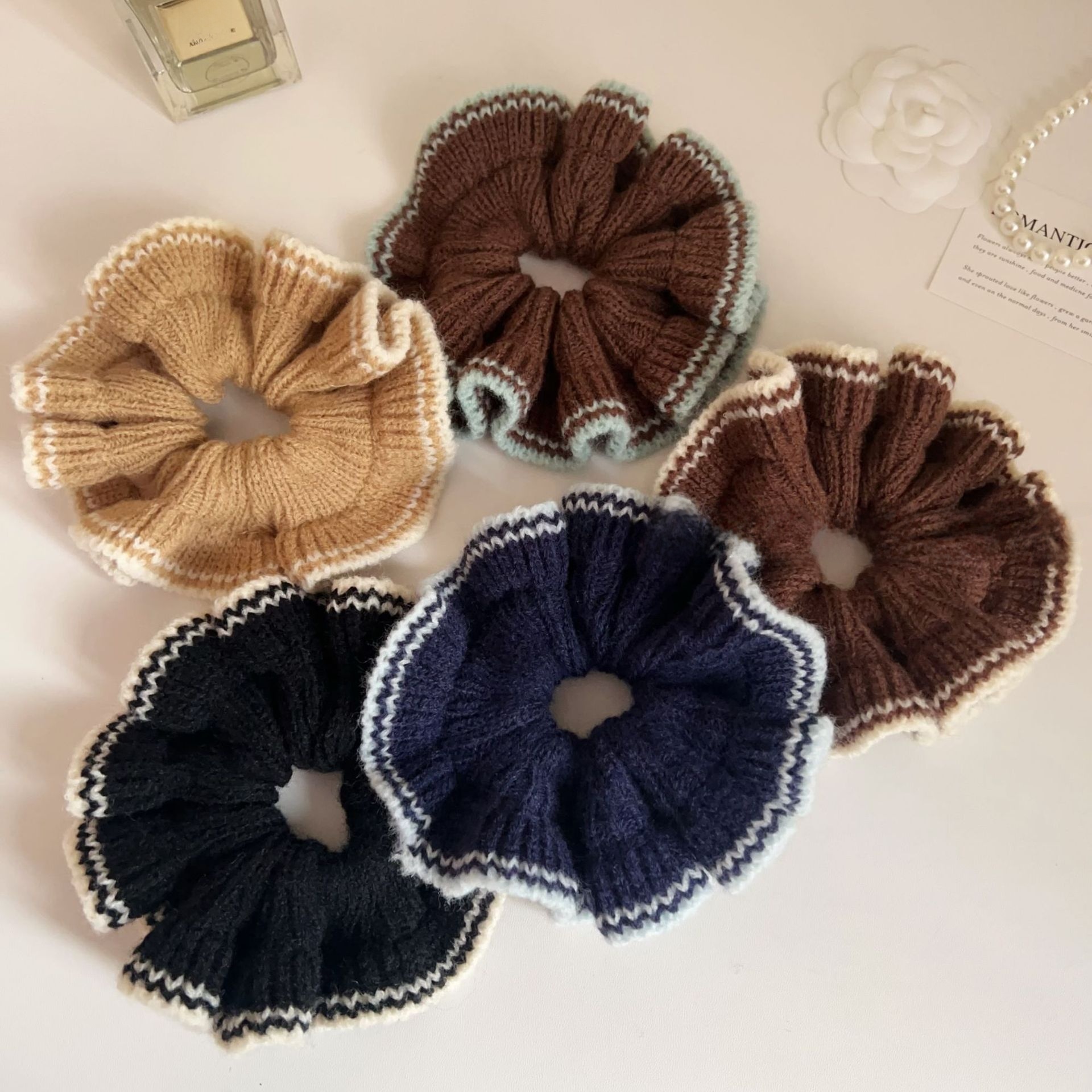 Women's Autumn Winter Warm Yarn Hair Tie Pink Plaid Color Block