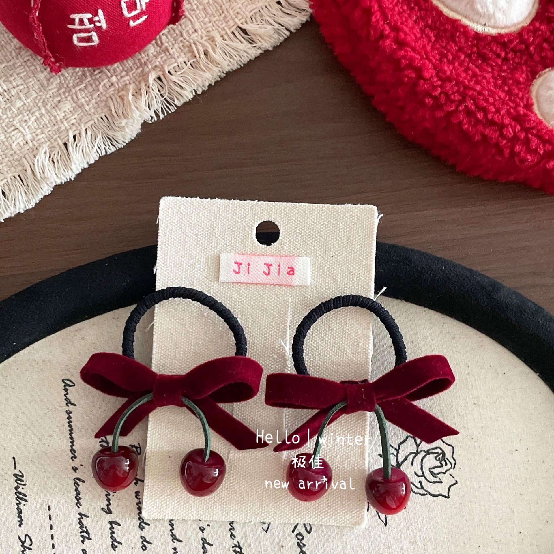 Girls Festive Velvet Headband New Year Hair Accessories Wine Red Cherry