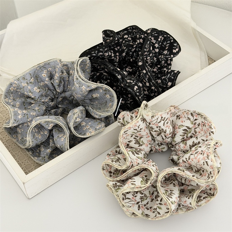 Women's Vintage Four-Layer Fabric Hair Tie Ditsy Floral White Blue Black