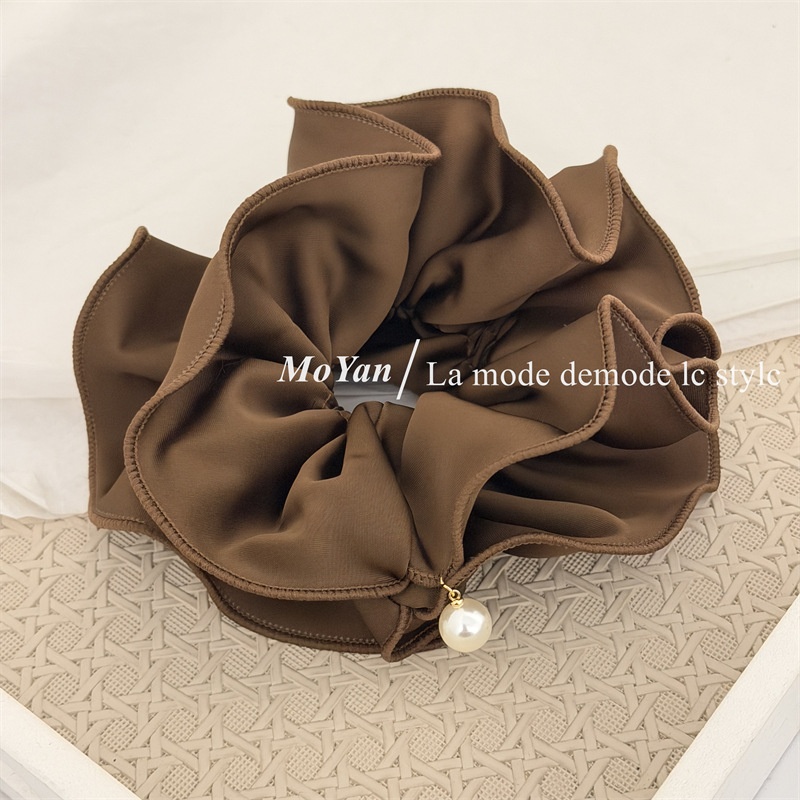 Women's Elegant Double-Layer Satin Flower Bow Hair Tie with Pearl Hanging Detail