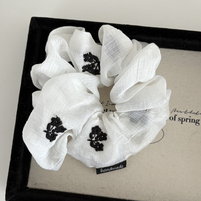 Women's Spring Cloth Hair Tie Scrunchie Black Embroidered Floral