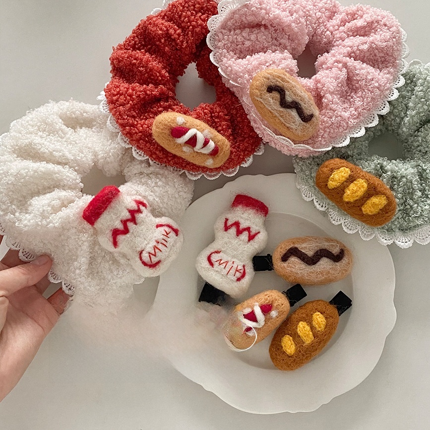 Women's All-Season Felt Hair Clip Tie Cartoon Teddy Dog Hot Dog Bun