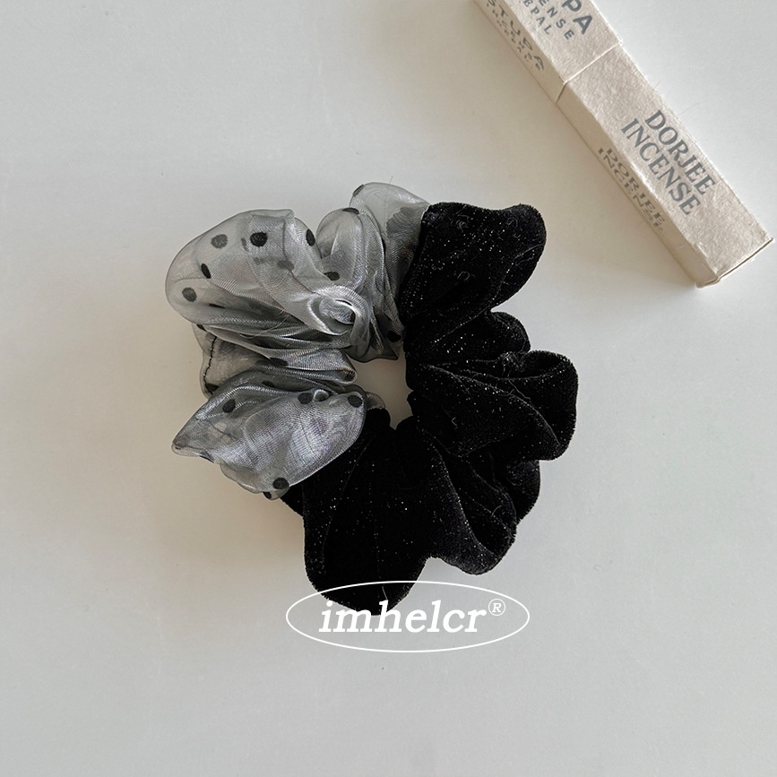 Women's Shiny Stitching Velvet Bowknot Hair Tie Black Polka Dots