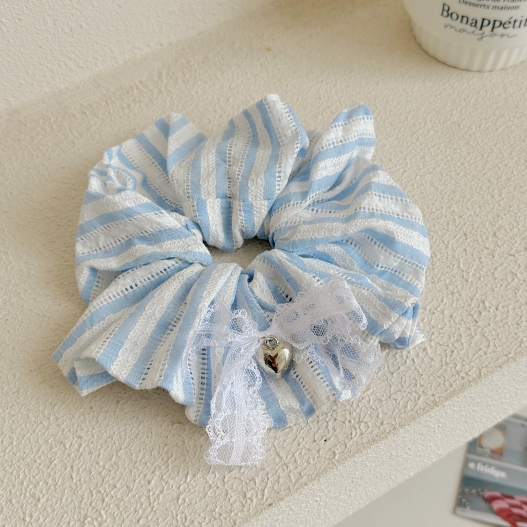 Women's Spring Summer Sweet Cloth Bow Knot Hair Tie Blue Plaid Lace