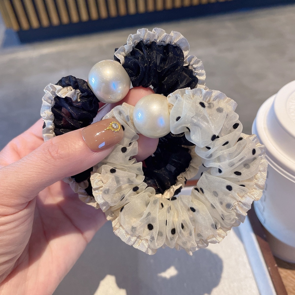 Women's Summer French Style Gauze Pearl Hair Tie Black Polka Dots