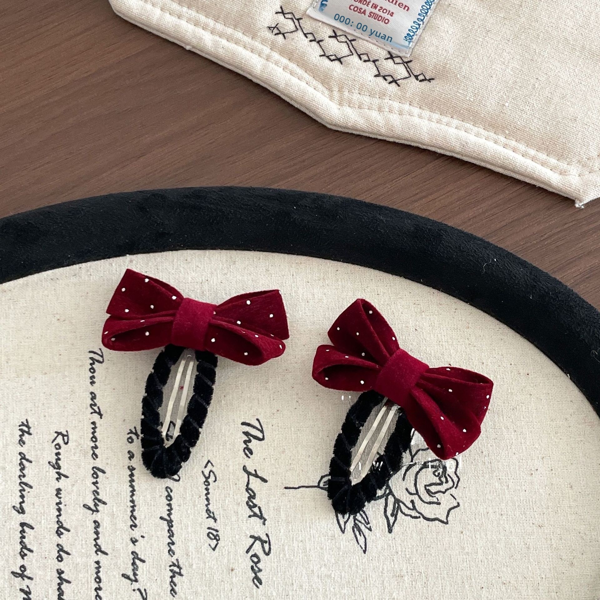 Girls New Year French Flocking Bow Hair Tie Wine Red Polka Dots