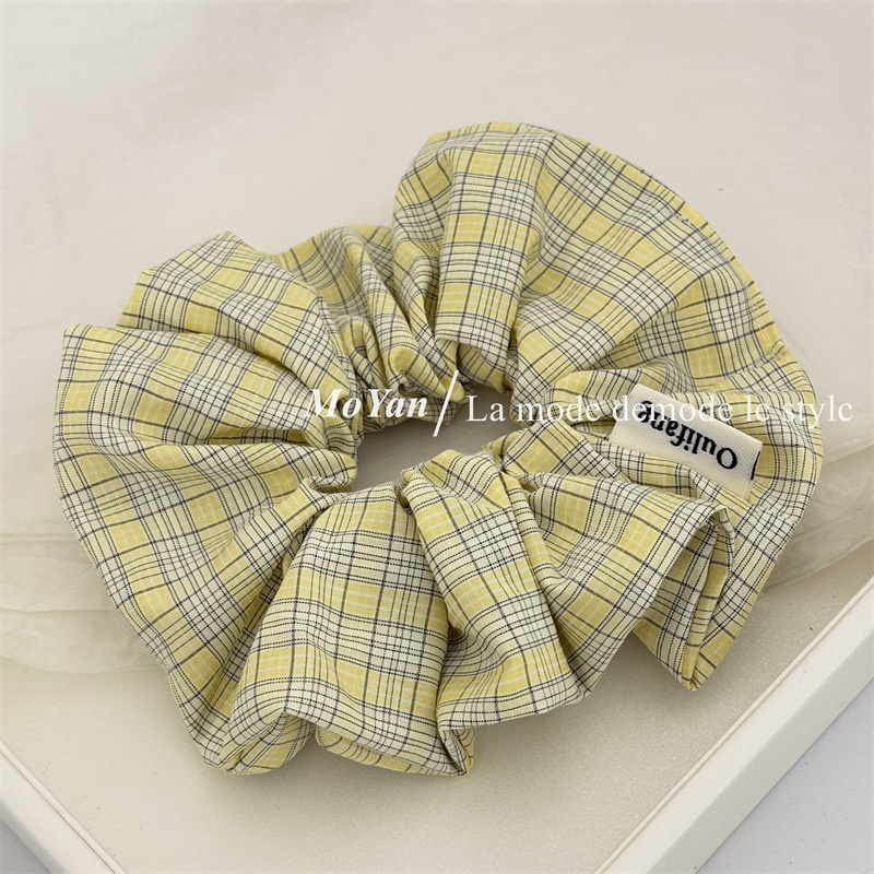 Women's Spring Korean Cloth Hair Tie Scrunchie Yellow & Green Plaid