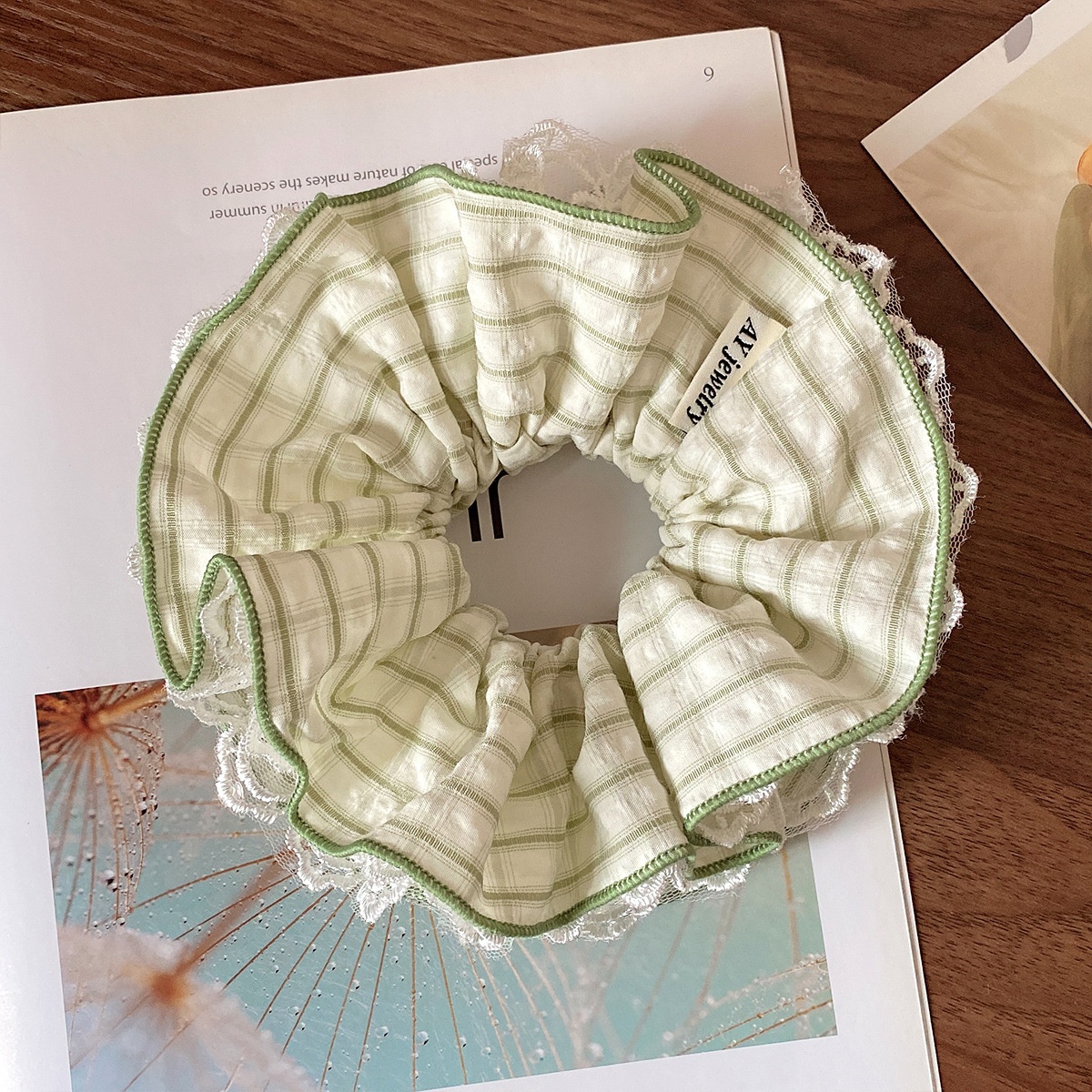 Women's Sweet Spring Soft Cloth Lace Bowknot Hair Tie Green Plaid