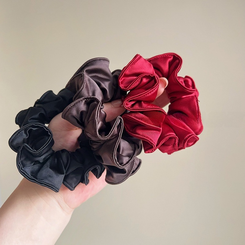 Women's Autumn Smooth Satin Hair Tie Scrunchie Solid Black Red Coffee