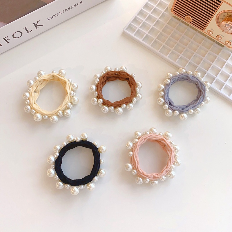 Women's Milk Tea Oval Pearl Hair Ties Seamless Elastic Handmade Towel Rings