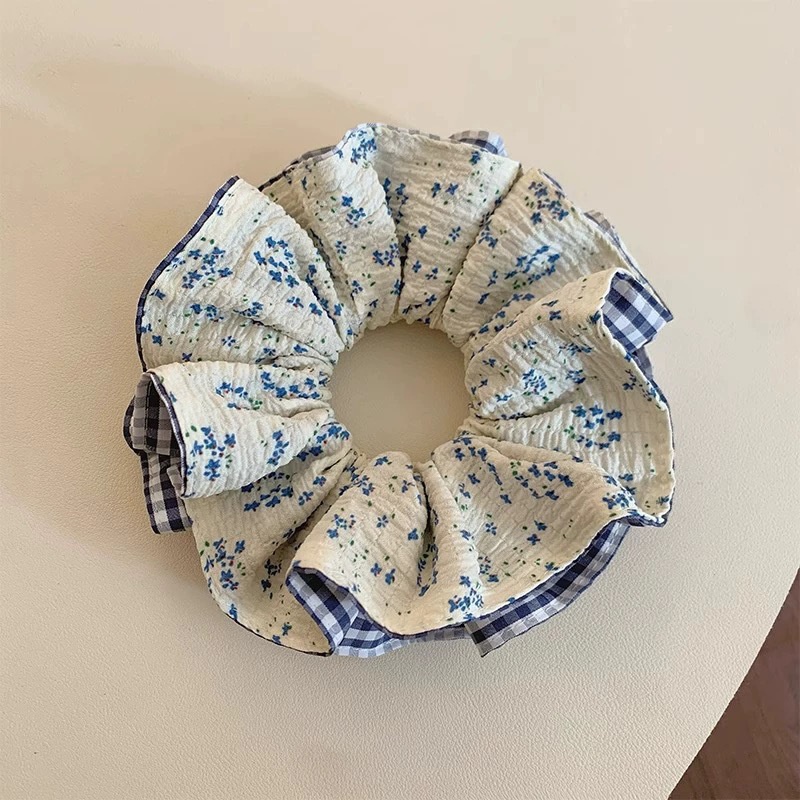 Women's Elegant Cotton Hair Ties Headscarves Blue Plaid Floral