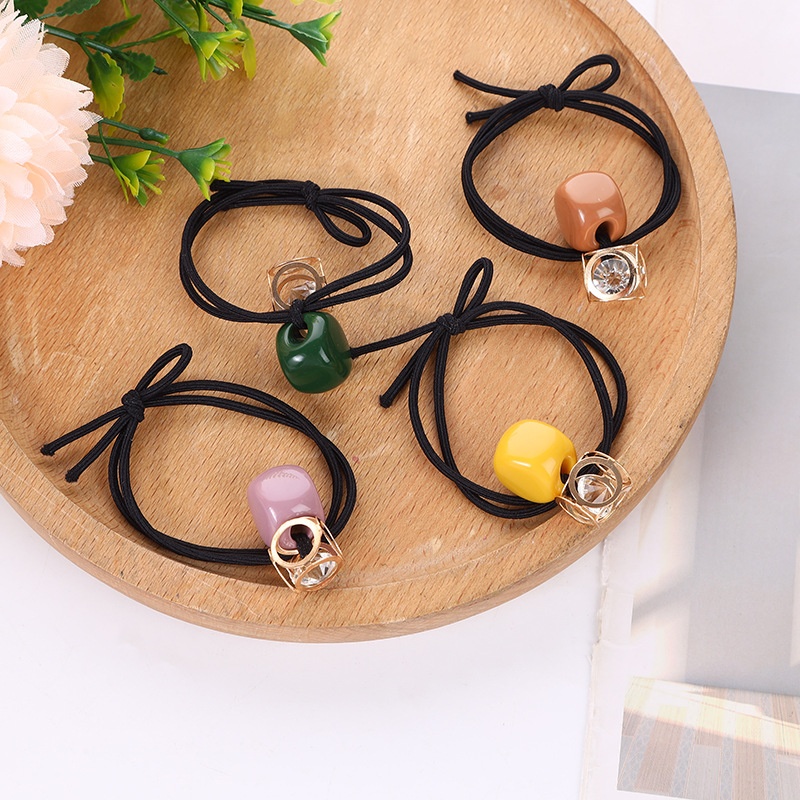 Girls Vintage Metal Zircon Ponytail Holder Geometric Square Beads