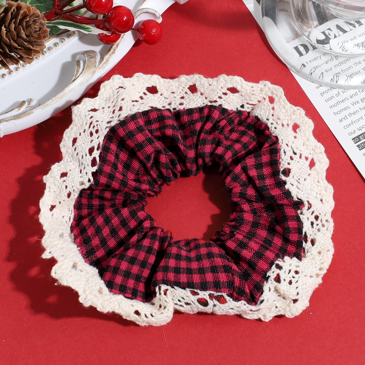 Women's Autumn Winter Fluffy Knit Hair Scrunchie Classic Red Plaid