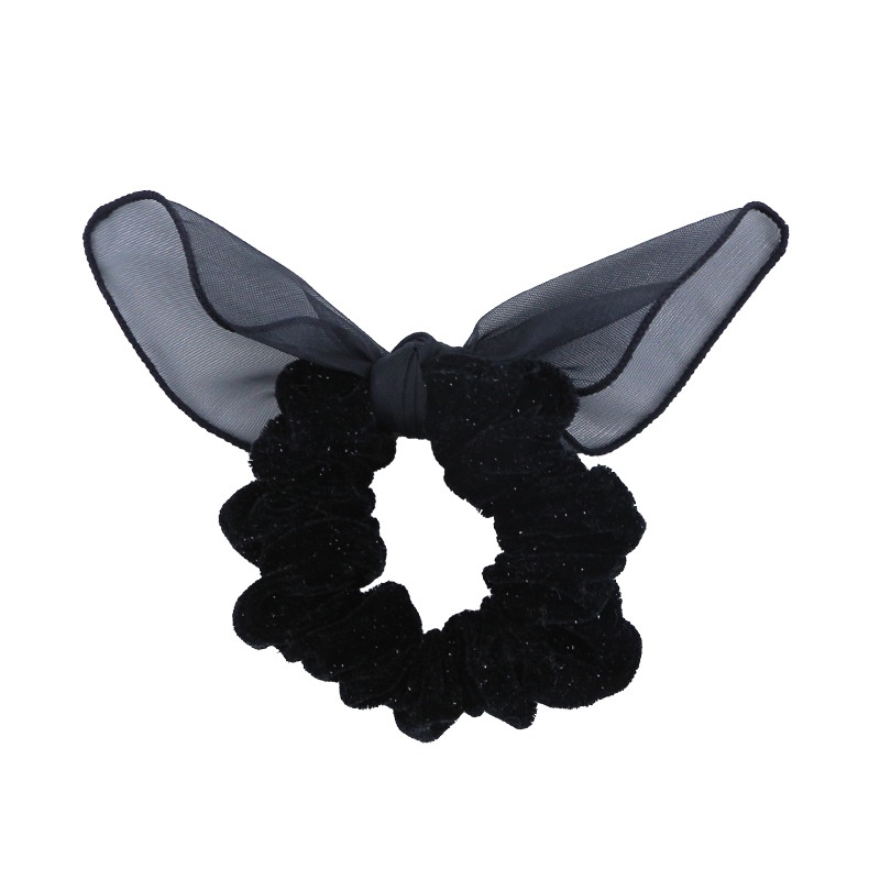 Women's Velvet Rabbit Ear Ponytail Holder Hairband Black Bowknot