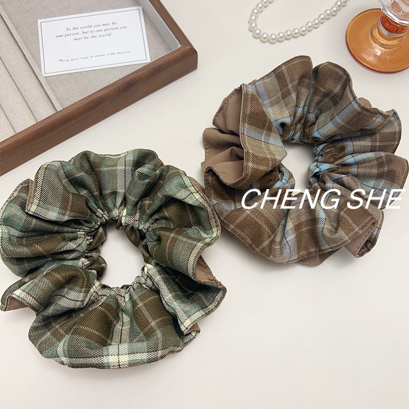 Women's Large Cloth Elastic Bun Hair Scrunchie Double Layer Plaid