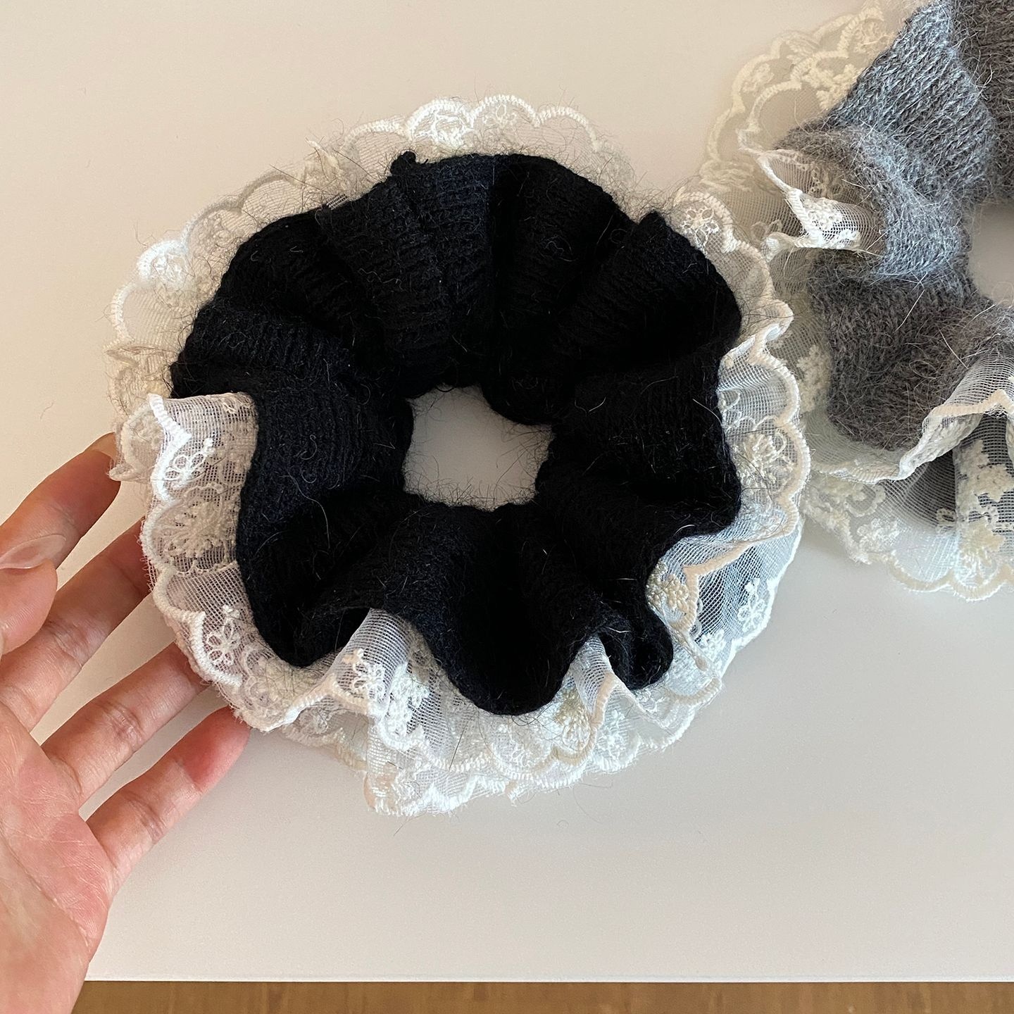 Women's Soft Knitted Lace Oversized Hair Tie Grey Elastic Ponytail Band