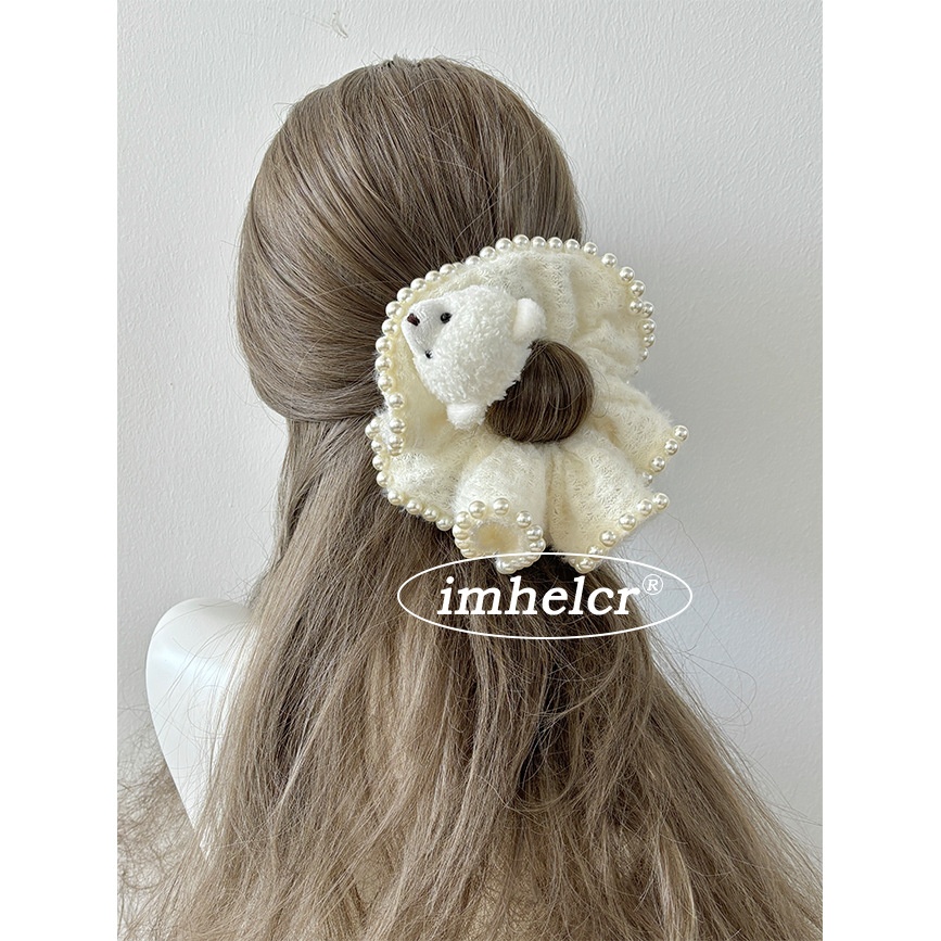 Women's Handmade Plush Pearl Edge Hair Tie All Seasons White Little Bear