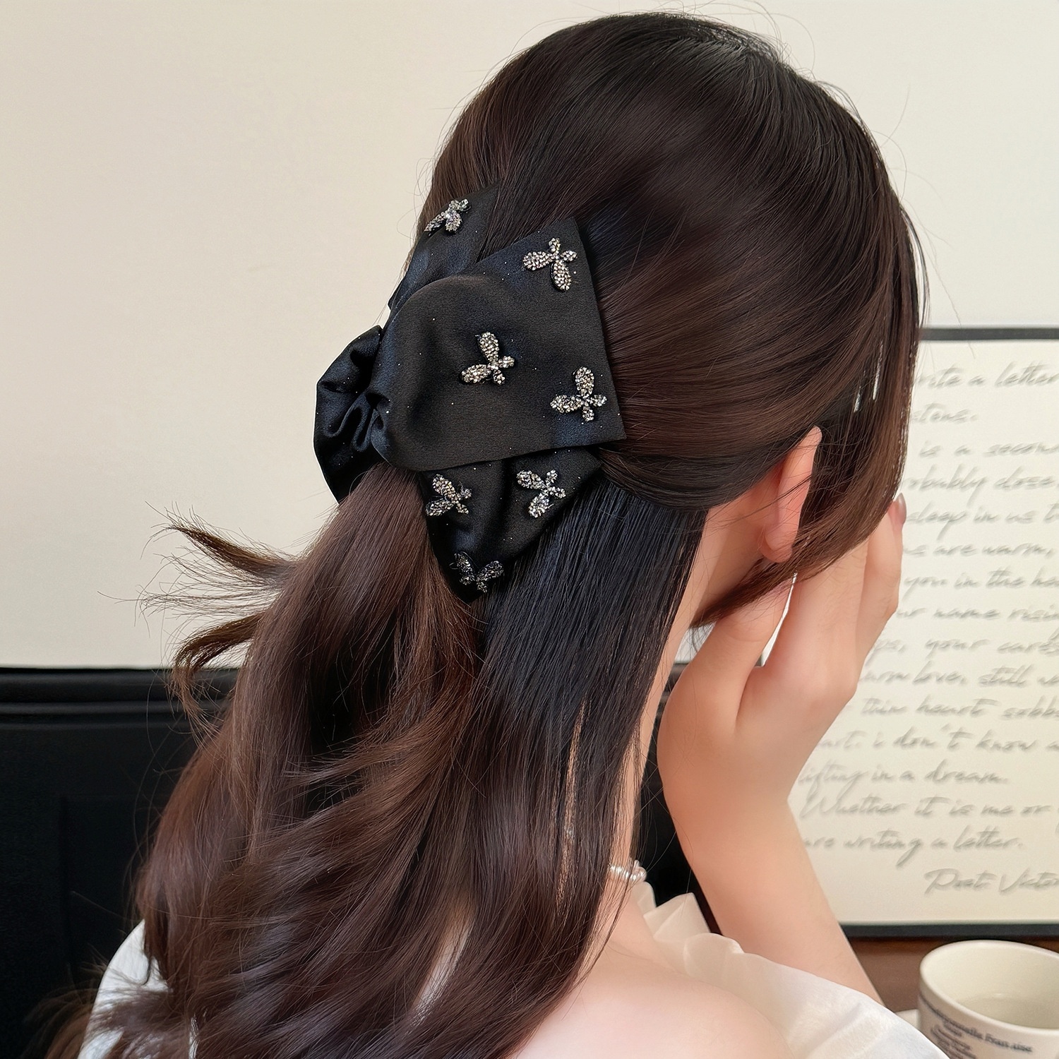 Women's Vintage Rhinestone Cloth Styling Hair Clip Elegant Black Bowknot