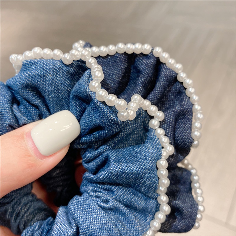 Women's Elegant Ponytail Hair Tie Blue Denim Hand Sewn Pearls