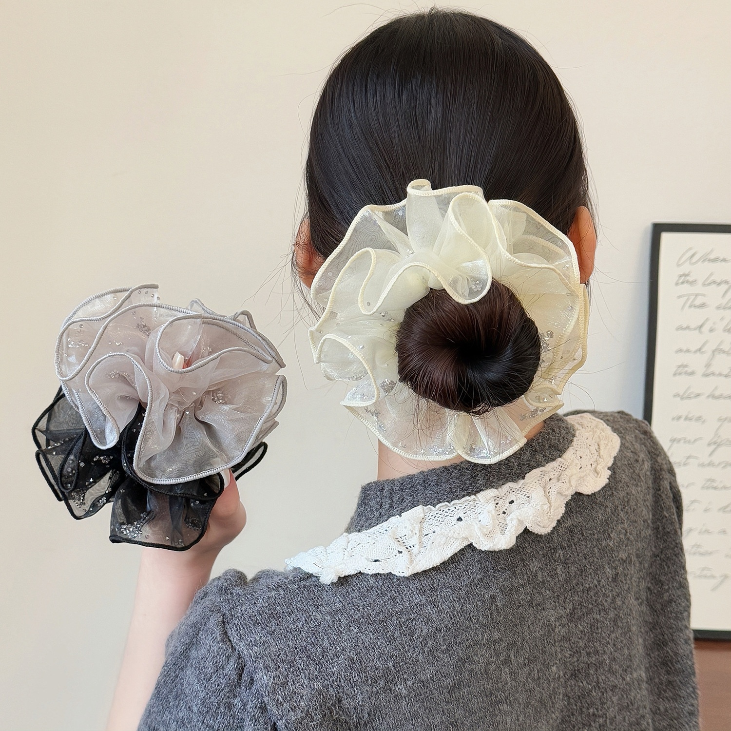 Women's Summer Rhinestone Gauze Floral Hair Tie Black Lilac Yellow