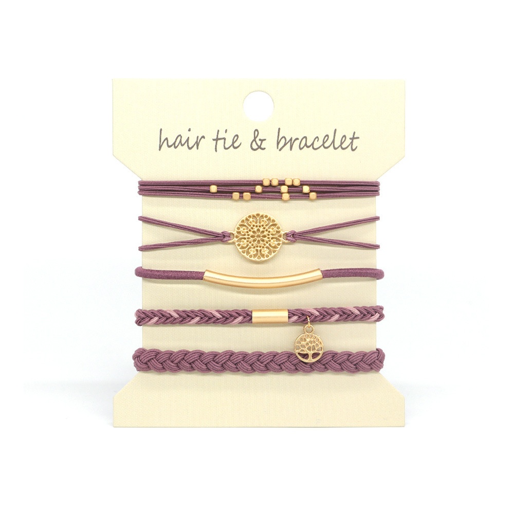 Women's 5Pcs Brown Metal Tree of Life Elastic Hair Tie Bracelet Set