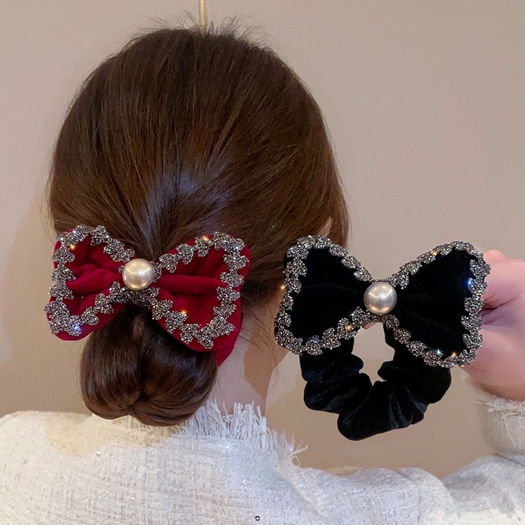 Women's Winter Velvet Rhinestone Elastic Hair Tie Bowknot Wine Red Black