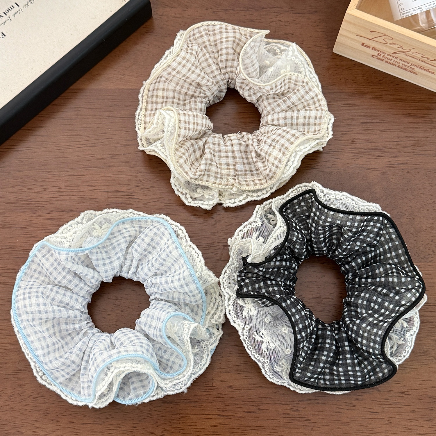 Women's Daily Preppy Style Gauze Hair Tie Classic Black Plaid