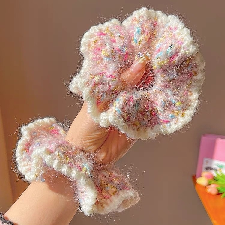 Women's Sweet Daily Handmade Large Bow Hair Tie Pink Knitted Yarn