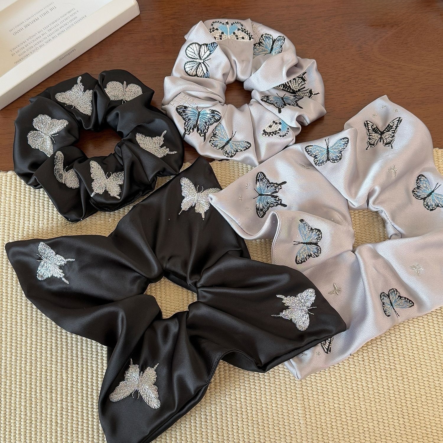 Women's All Season Satin Hair Tie Black Silver Butterfly Embroidery