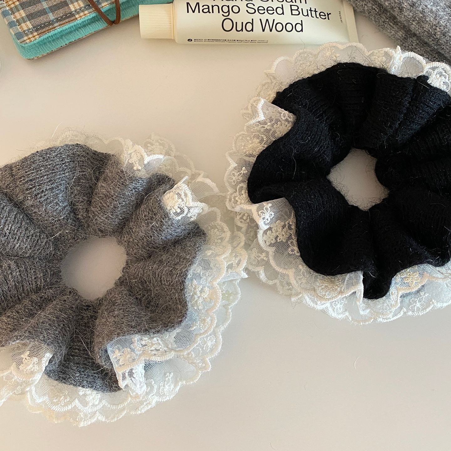 Women's Soft Knitted Lace Oversized Hair Tie Grey Elastic Ponytail Band