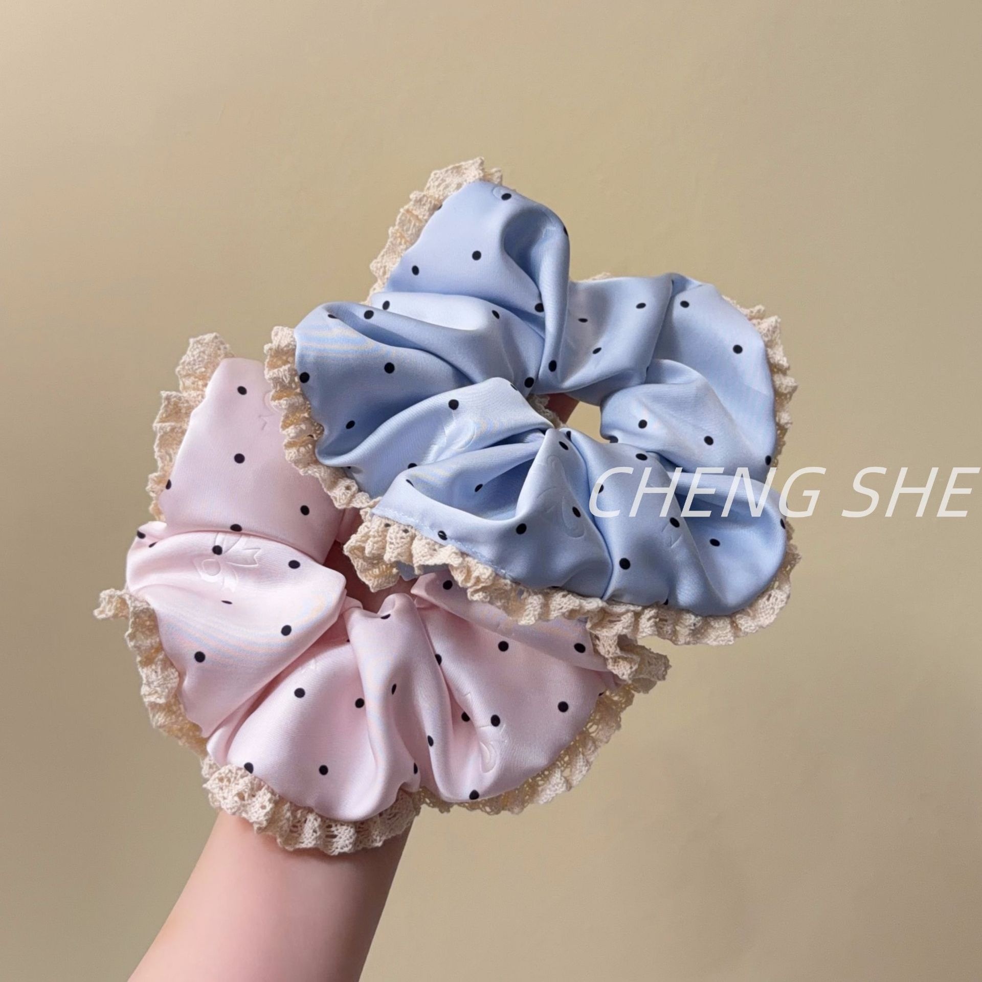 Women's French Satin Bubble Braid Hair Tie in Blue Polka Dot Bow Knot