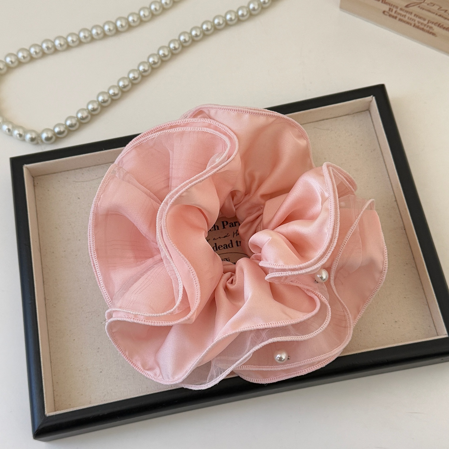 Women's Spring Soft Gauze Pearl Bubble Braid Hair Tie Solid Black