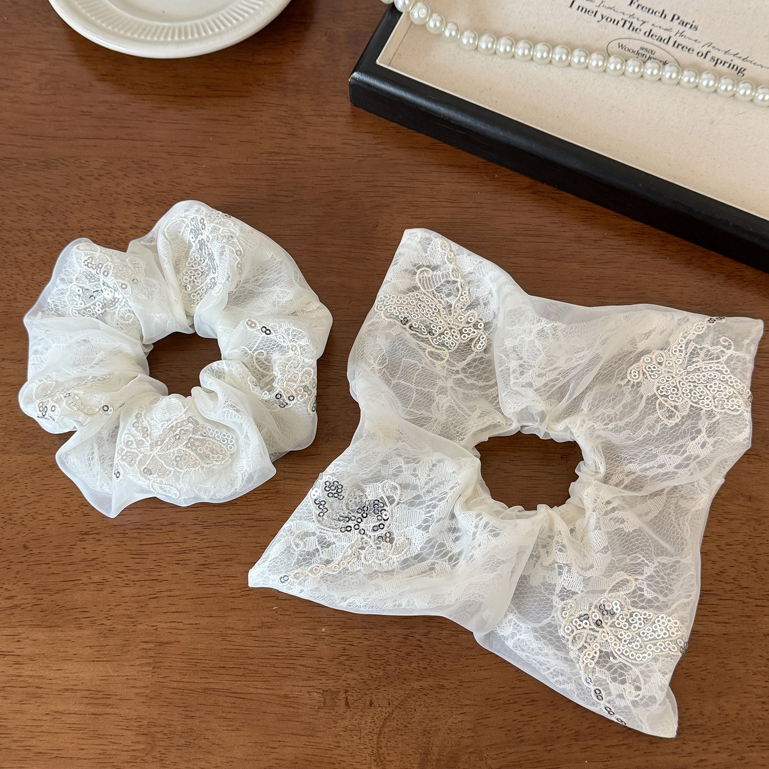 Women's Spring French Style Hair Tie Daily Accessory Beige Lace