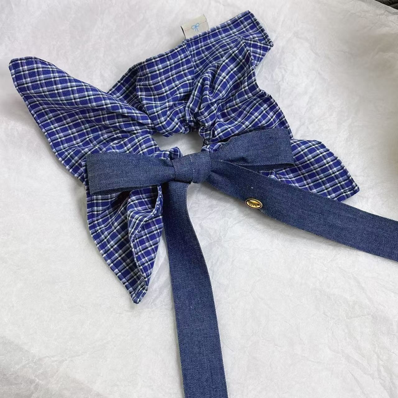Women's Vintage Bowknot Elastic Scarf Hair Tie Blue Denim Plaid