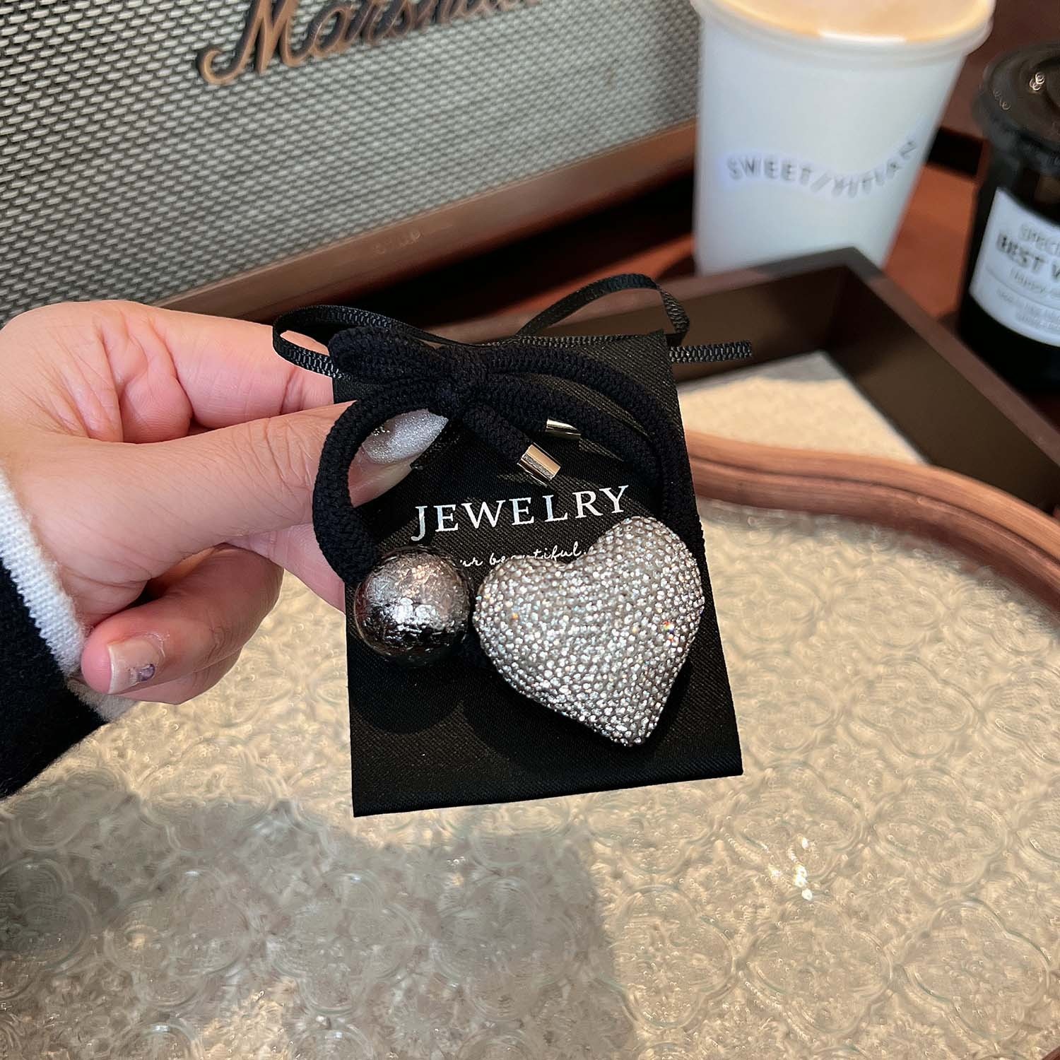 Women's Shiny Rhinestone Hair Tie Elegant Ponytail Holder Wine Red Heart