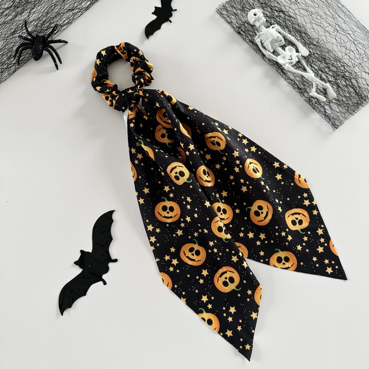 Women's Satin Ponytail Ribbon Hair Tie Dark Halloween Pumpkin Print