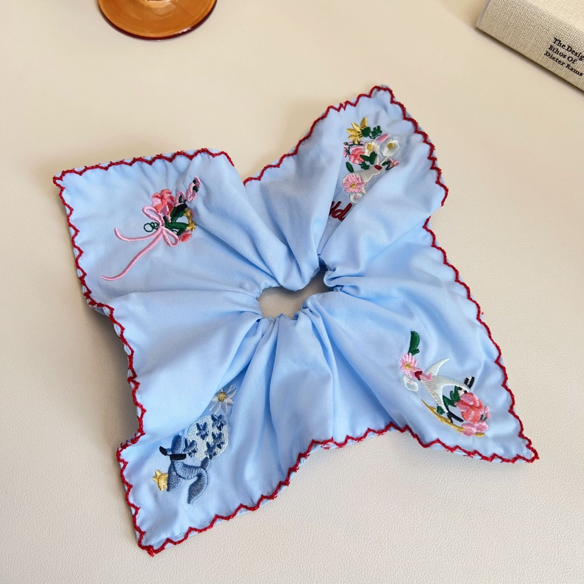 Women's Everyday Cloth Scrunchie Hair Tie Blue Embroidered Rabbit